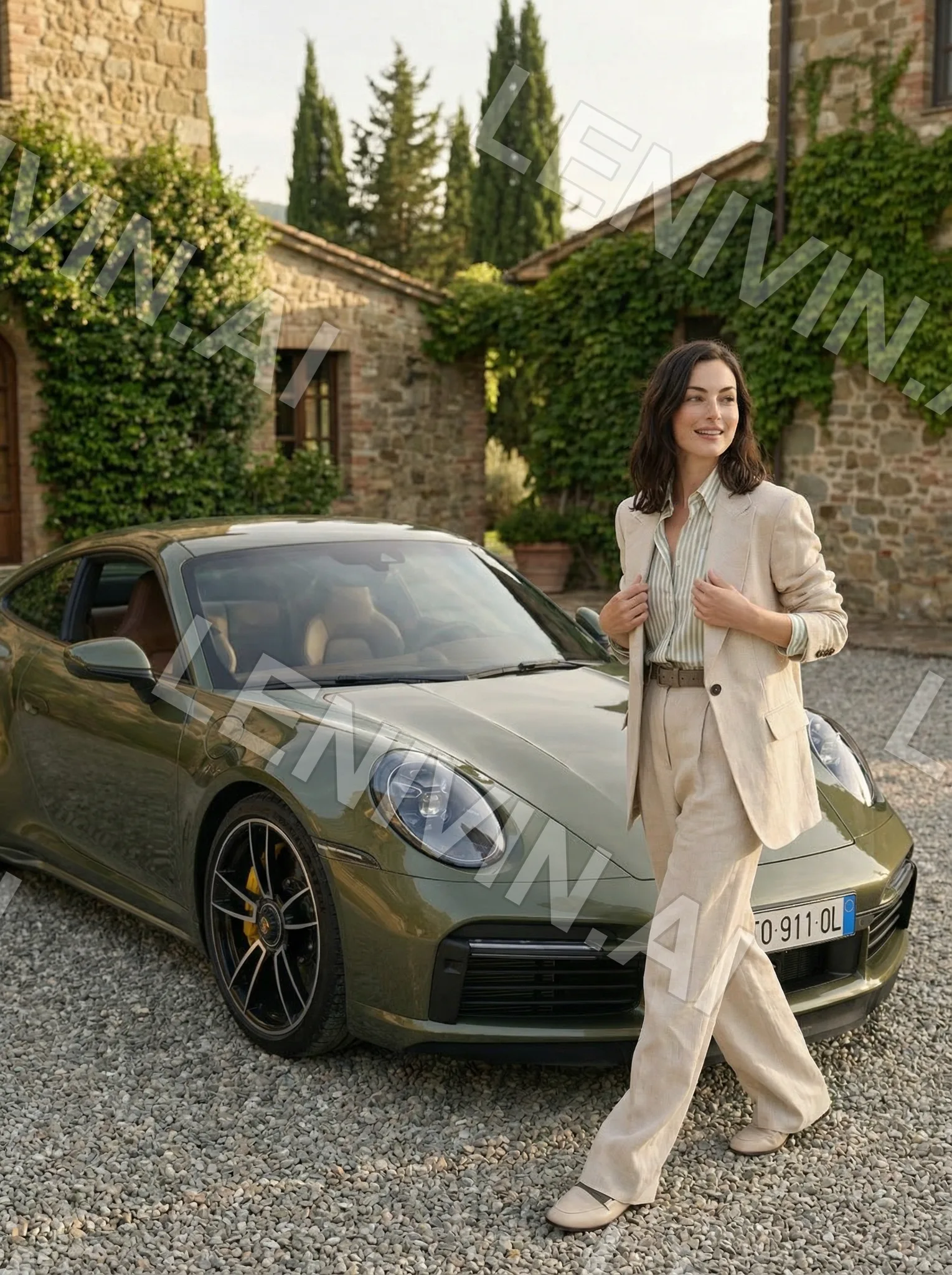 Улыбающаяся брюнетка в льняном костюме идёт рядом с оливковым Porsche во дворе каменного дома