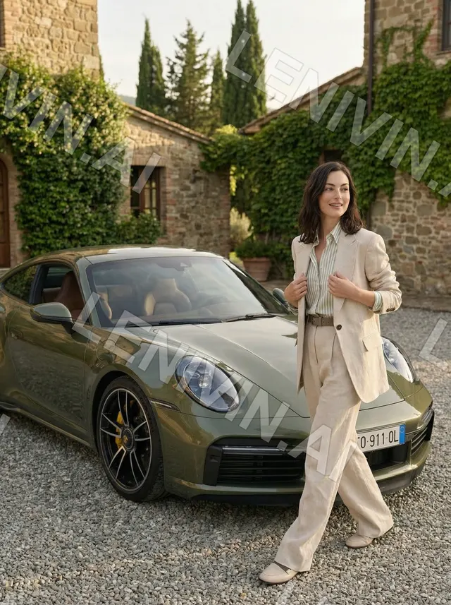 Улыбающаяся брюнетка в льняном костюме идёт рядом с оливковым Porsche во дворе каменного дома