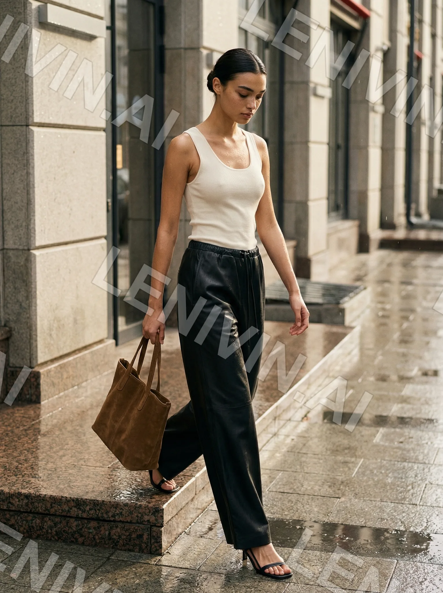 Брюнетка в белой майке и чёрных брюках спускается по ступеням с коричневой сумкой