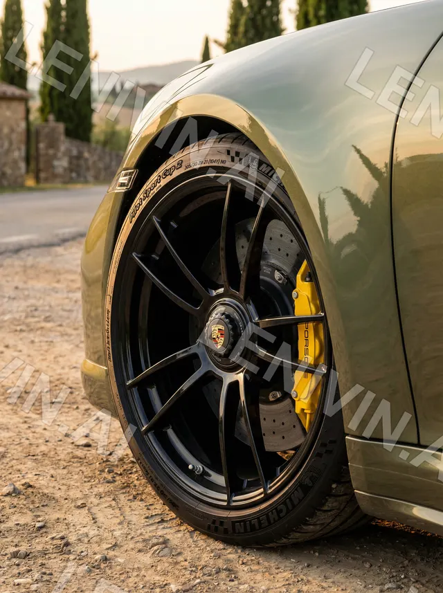 Колесо оливкового Porsche с жёлтым суппортом и чёрным диском на грунтовой дороге
