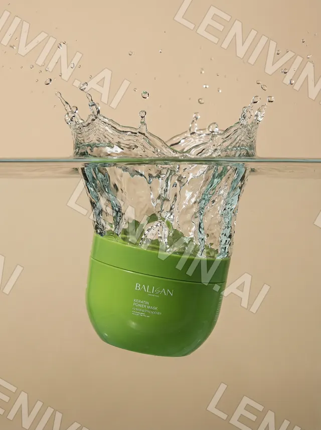 Зелёная банка Balisan Keratin Power Mask наполовину в воде, всплеск и брызги на бежевом фоне