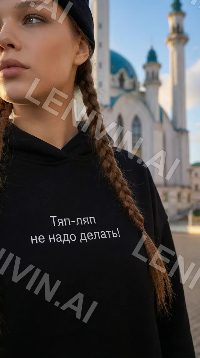 Крупный план девушки с косой в чёрной толстовке с надписью «Тяп-ляп не надо делать!», позади мечеть