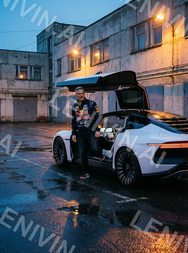 Мужчина в куртке Red Bull рядом с белым авто с поднятой дверью у промзданий