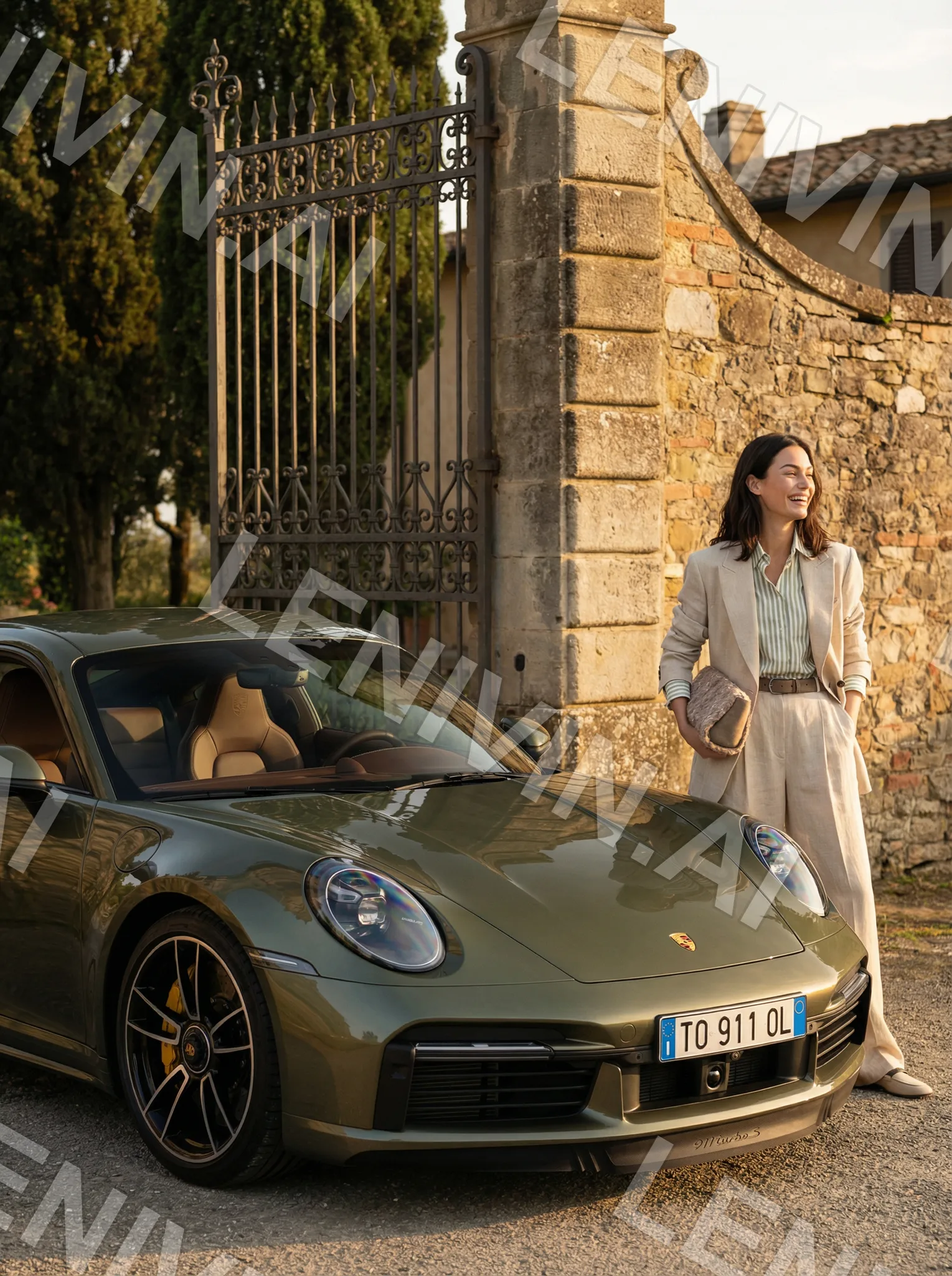 Девушка в светлом костюме у Porsche перед каменными воротами виллы