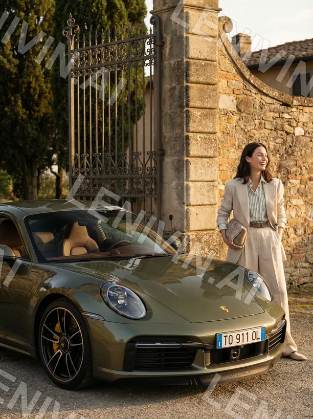 Девушка в светлом костюме у Porsche перед каменными воротами виллы