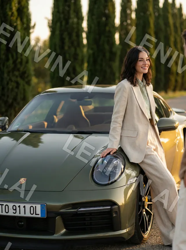 Брюнетка в светлом льняном костюме опирается на капот оливкового Porsche, кипарисы позади