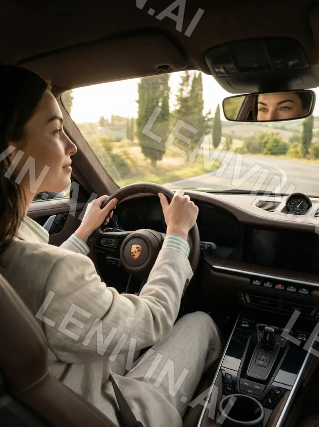 Женщина за рулём Porsche на загородной дороге с кипарисами, в зеркале видно отражение