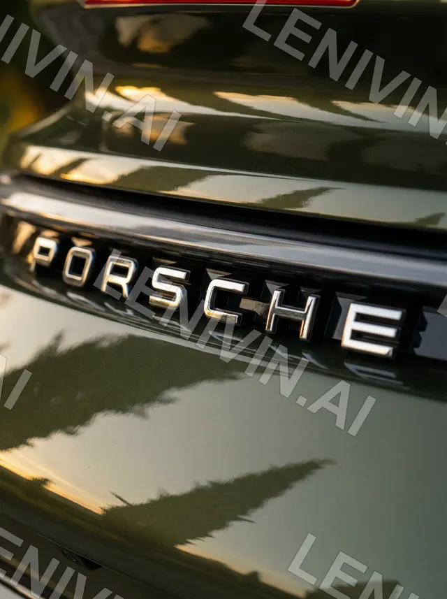 Надпись PORSCHE на капоте оливкового автомобиля с тенями листьев