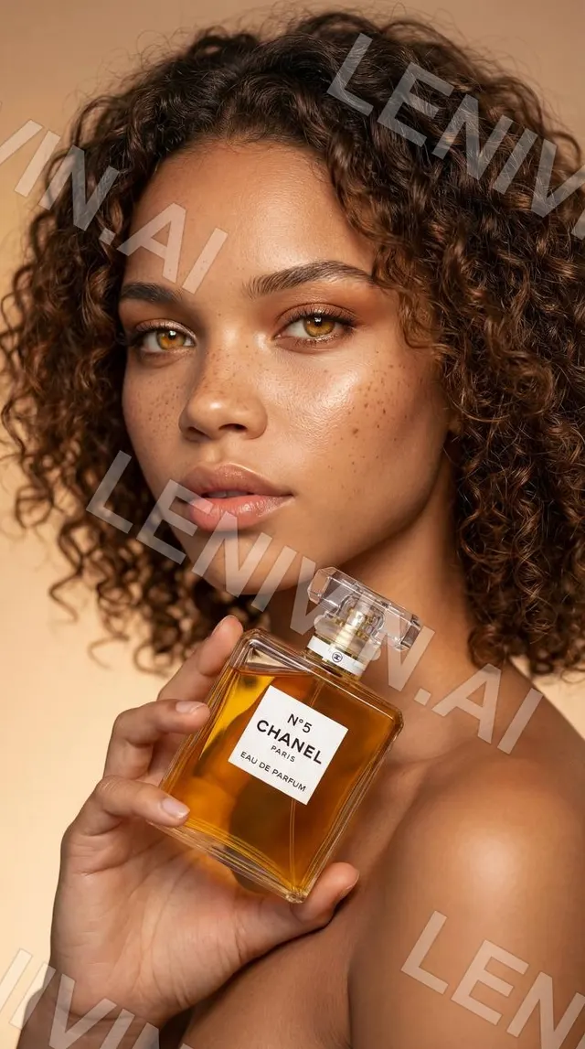 Кудрявая девушка держит флакон духов CHANEL N°5, бежевый фон