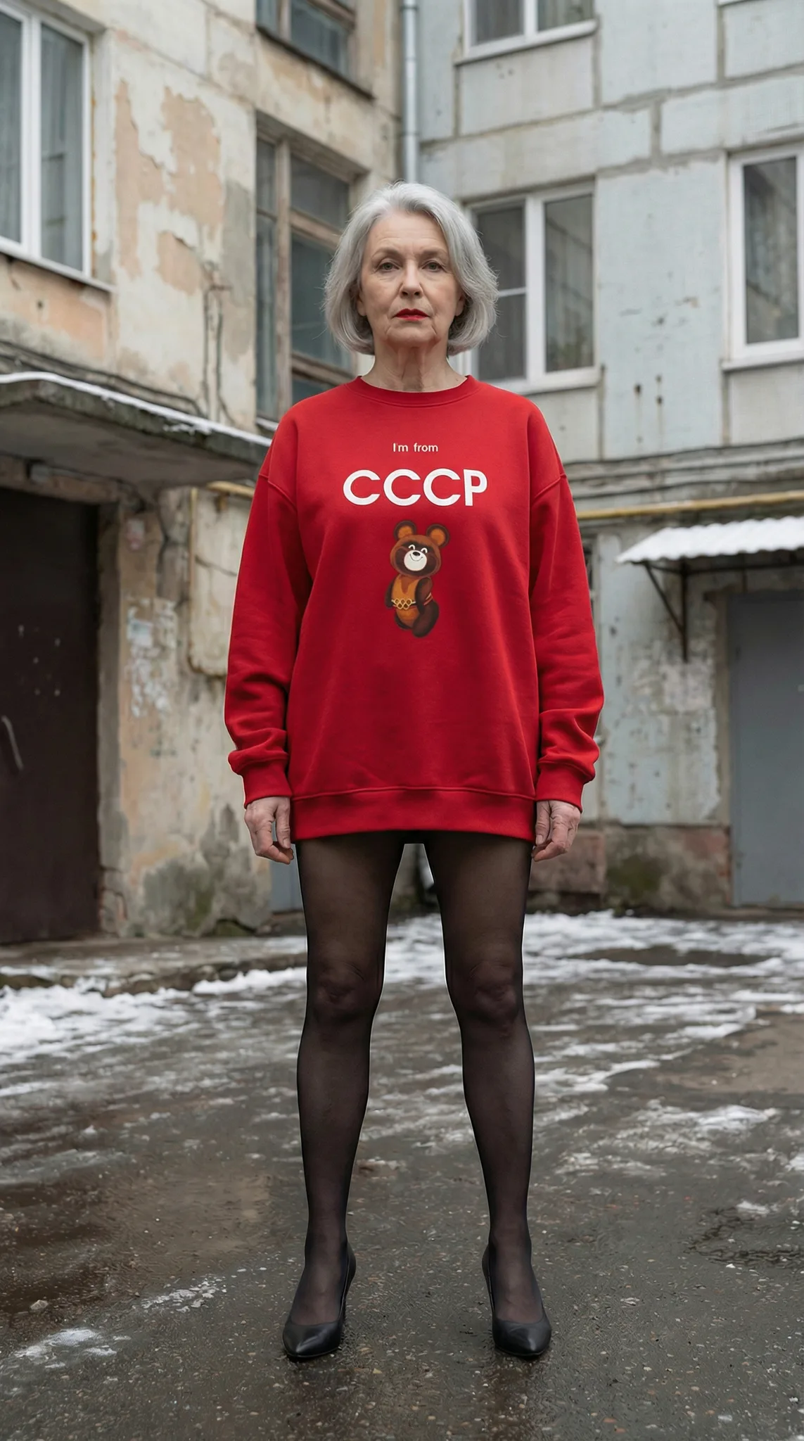 Пожилая женщина с седыми волосами в красном свитшоте СССР с медведем и чёрных колготках во дворе панельного дома