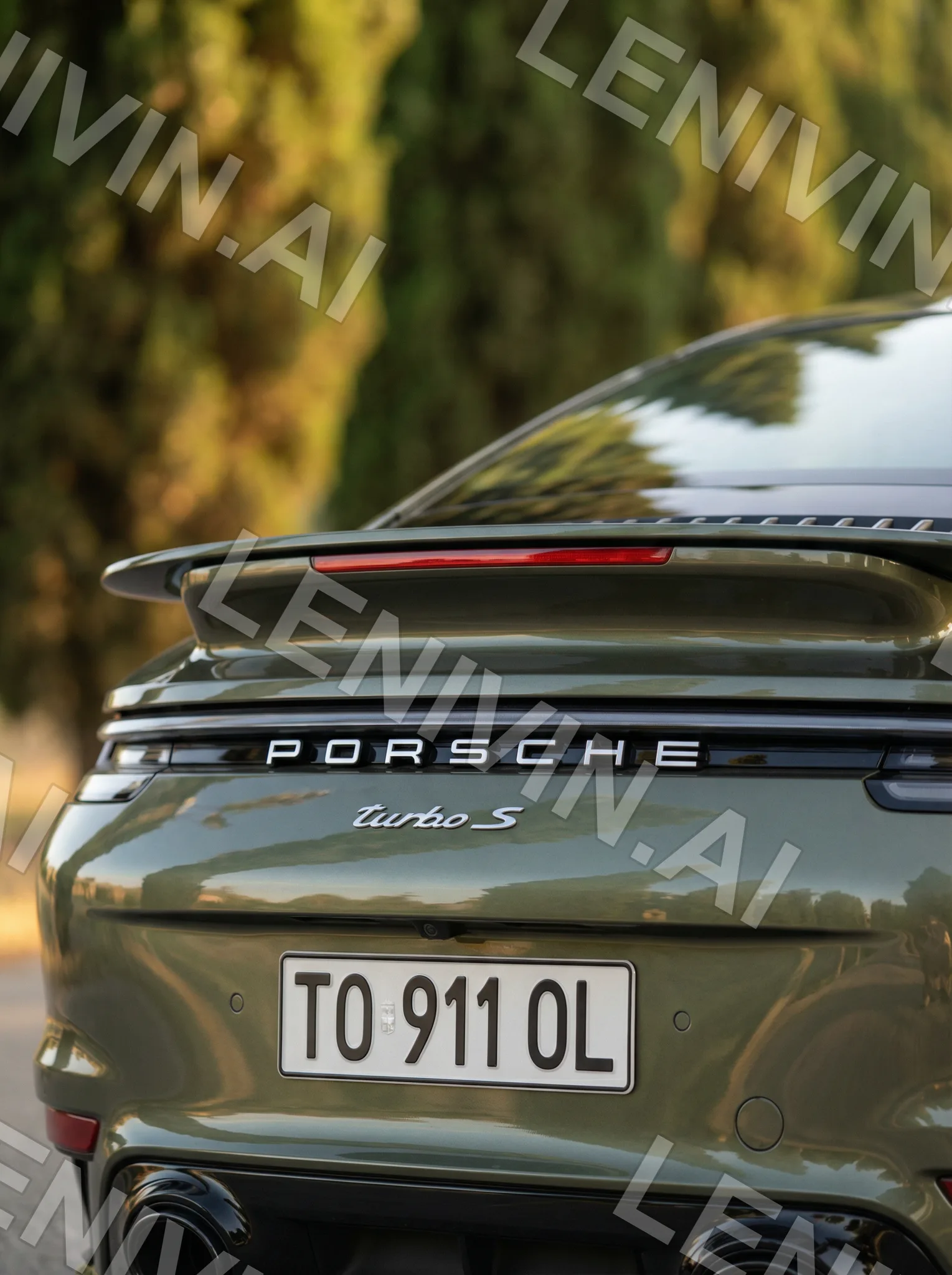Корма Porsche Turbo S с надписью и номером TO 911 OL на фоне кипарисов
