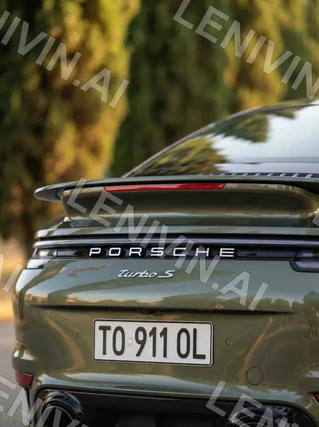 Корма Porsche Turbo S с надписью и номером TO 911 OL на фоне кипарисов