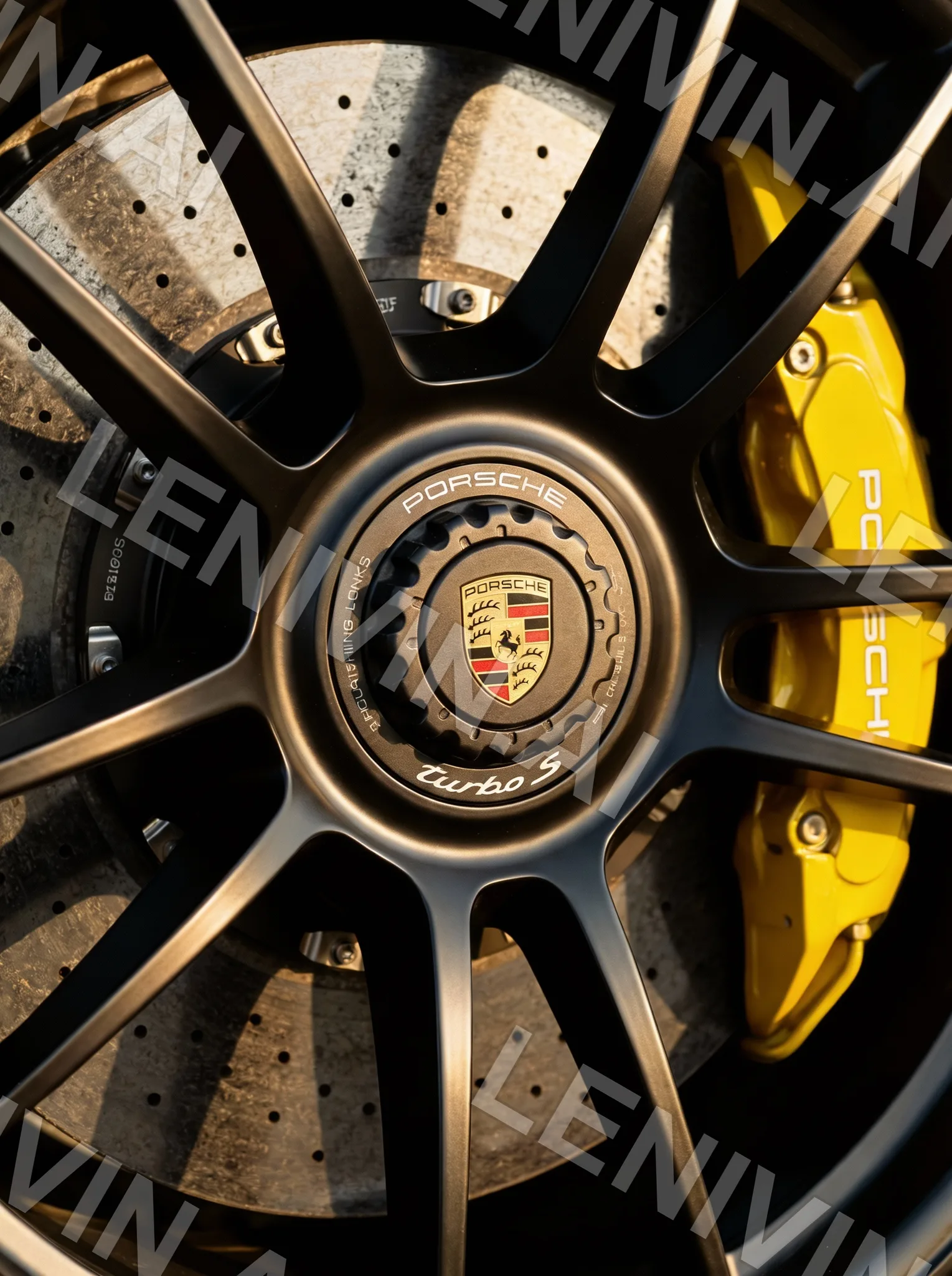 Колесо Porsche Turbo S с жёлтым суппортом, крупный план, бронзовые спицы
