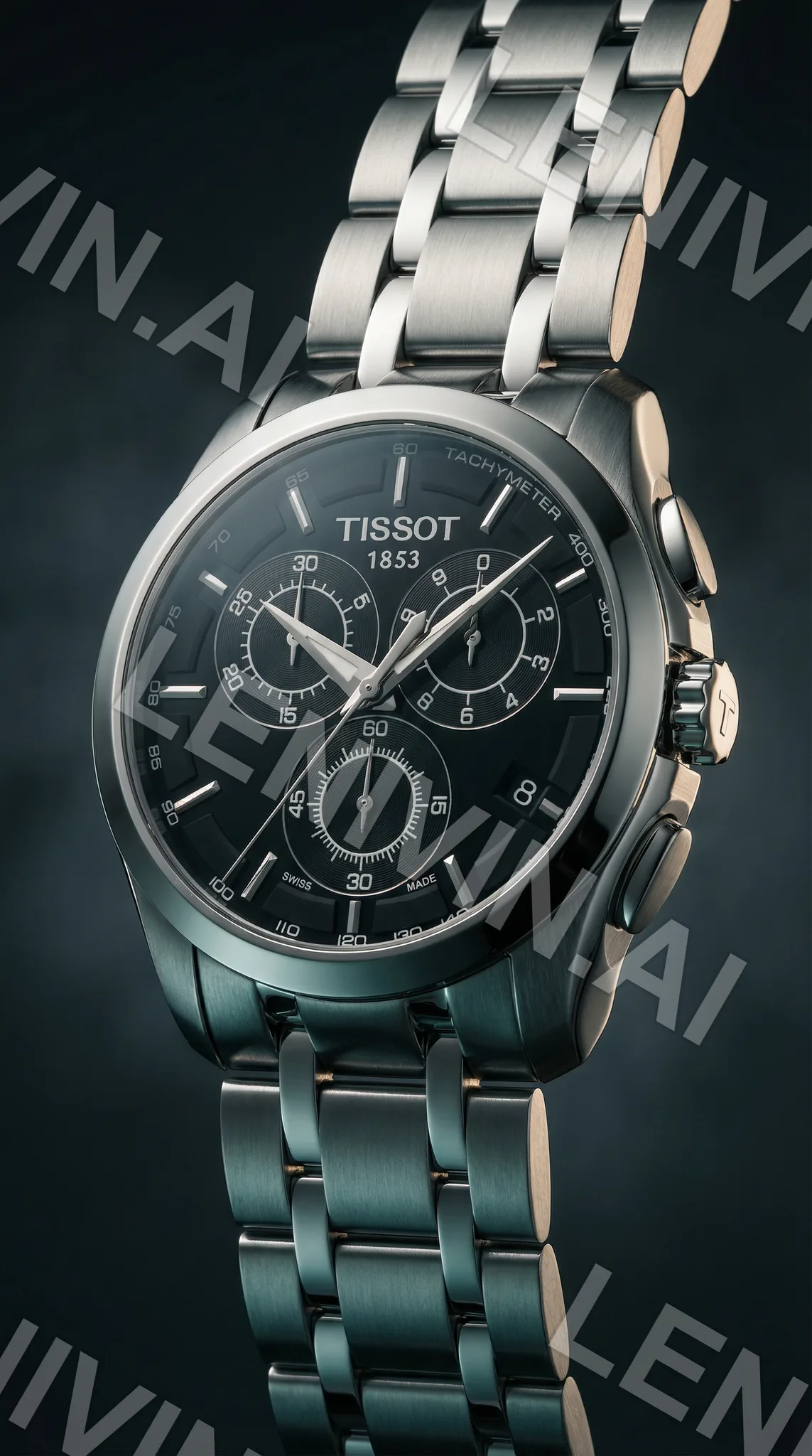 Часы Tissot с чёрным циферблатом и стальным браслетом, наклонный крупный план, тёмно-зелёный фон