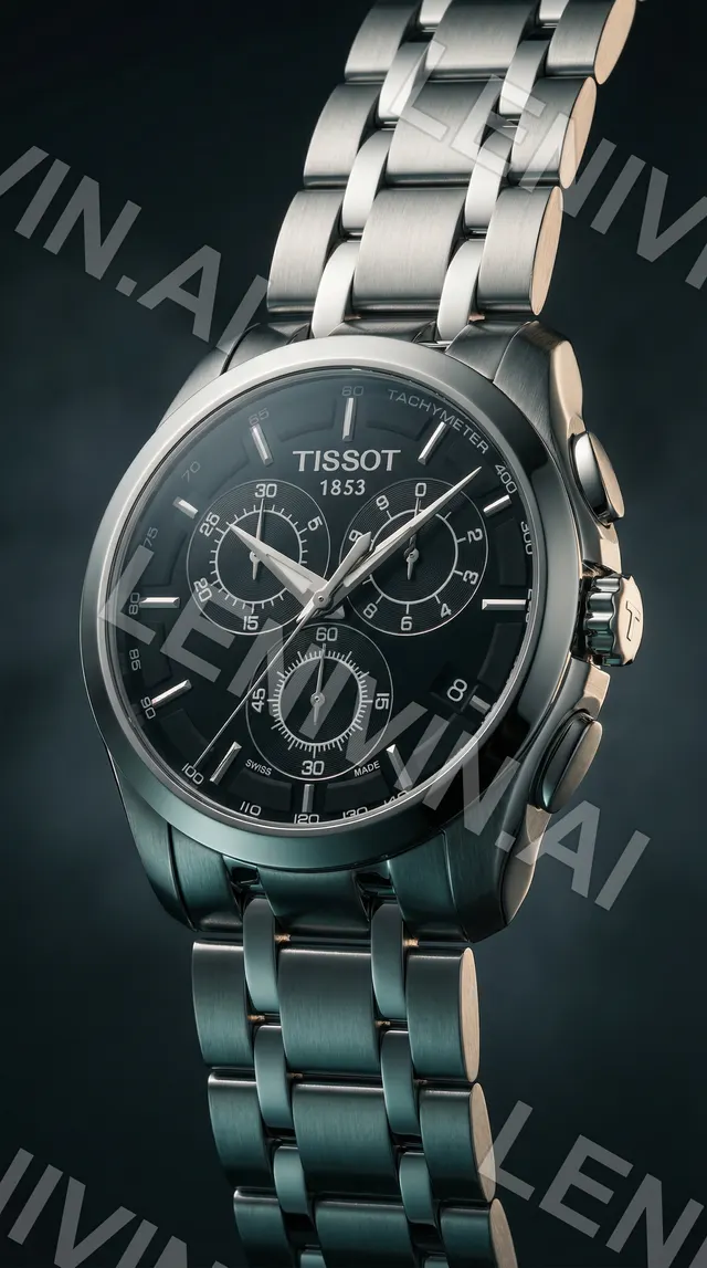 Часы Tissot с чёрным циферблатом и стальным браслетом, наклонный крупный план, тёмно-зелёный фон