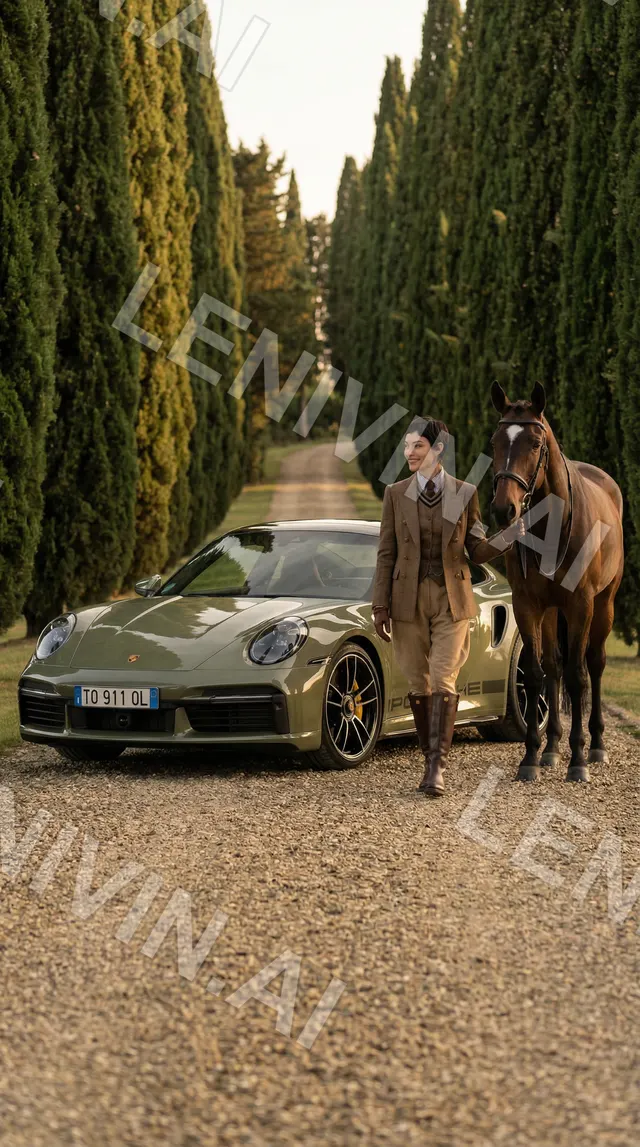 Девушка в твидовом пиджаке стоит с лошадью рядом с оливковым Porsche на аллее кипарисов