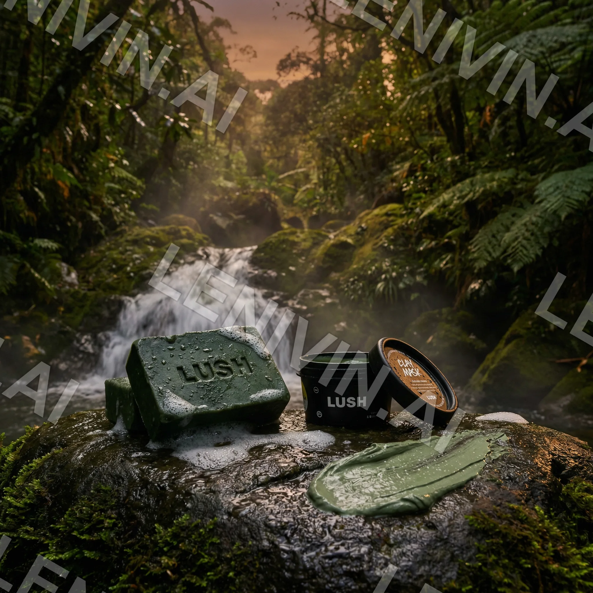 Блок мыла и банка с надписью Lush на мшистом камне у горного ручья, рядом зелёная маска