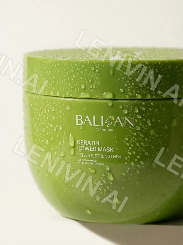 Ролик: зелёная банка Balisan Keratin Power Mask с каплями воды, светлый фон