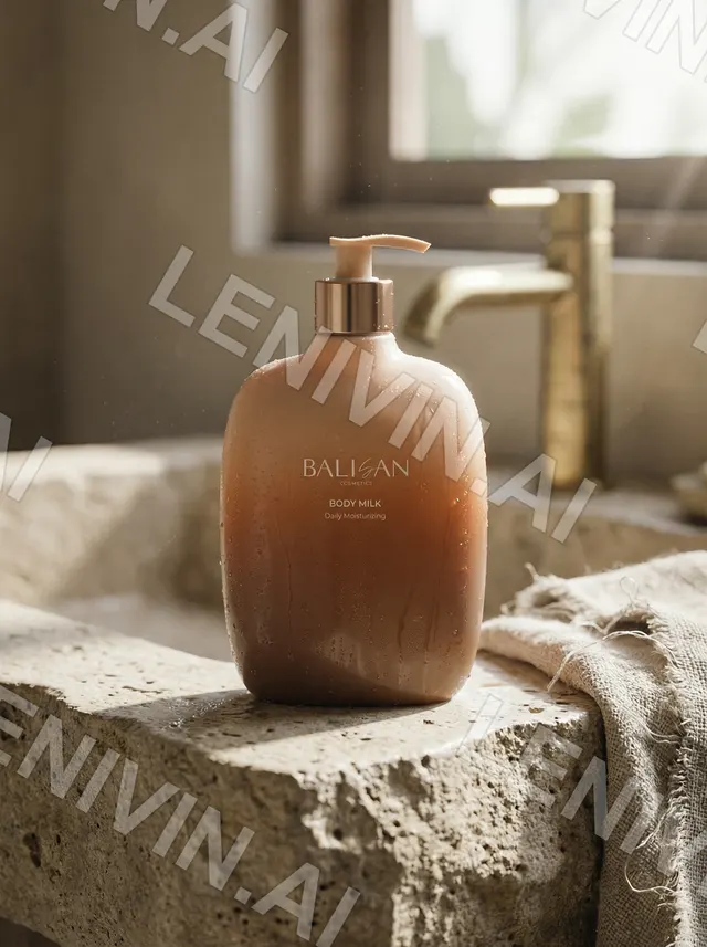 Флакон Balisan Body Milk на каменном выступе у латунного крана, льняное полотенце, мягкий свет