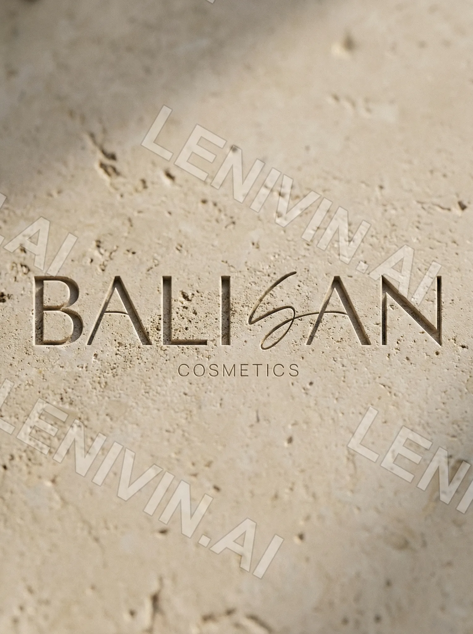 Логотип BALISAN Cosmetics выбит на светлом травертине, крупно, мягкий боковой свет