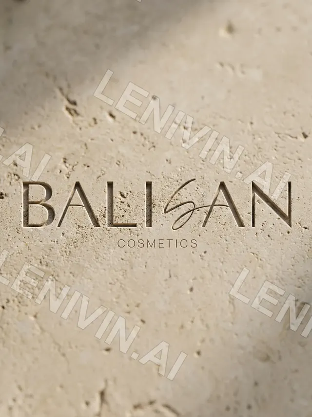 Логотип BALISAN Cosmetics выбит на светлом травертине, крупно, мягкий боковой свет