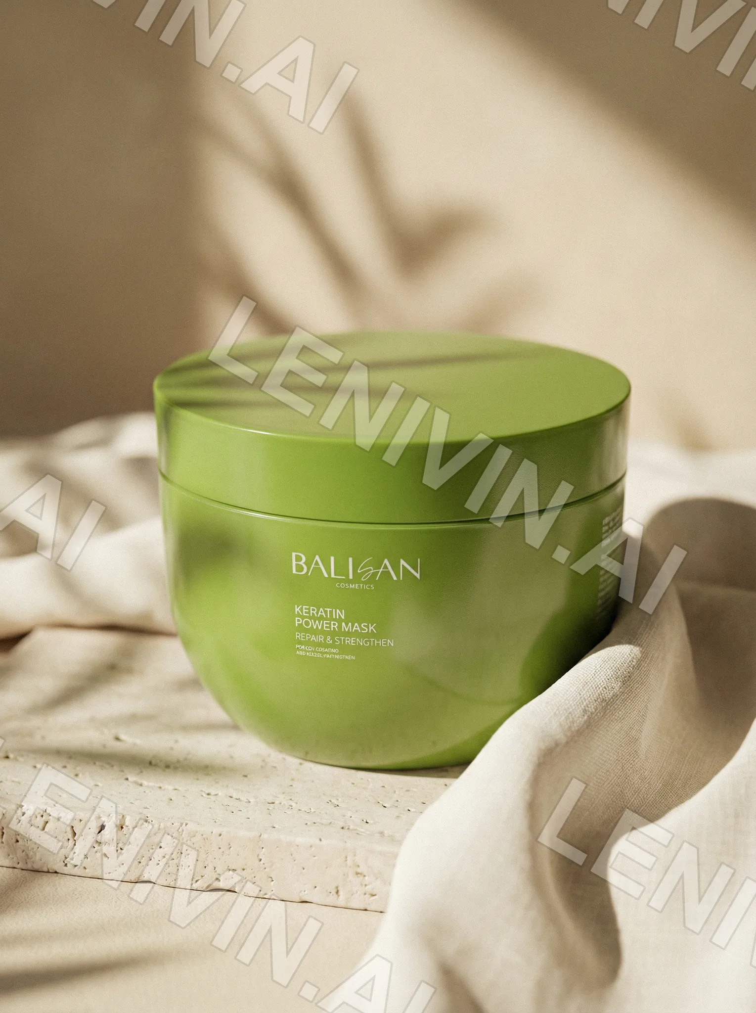 Зелёная банка BALISAN Keratin Power Mask на кремовой ткани и каменной плите