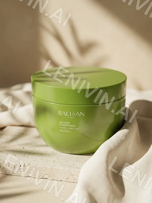 Зелёная банка BALISAN Keratin Power Mask на кремовой ткани и каменной плите