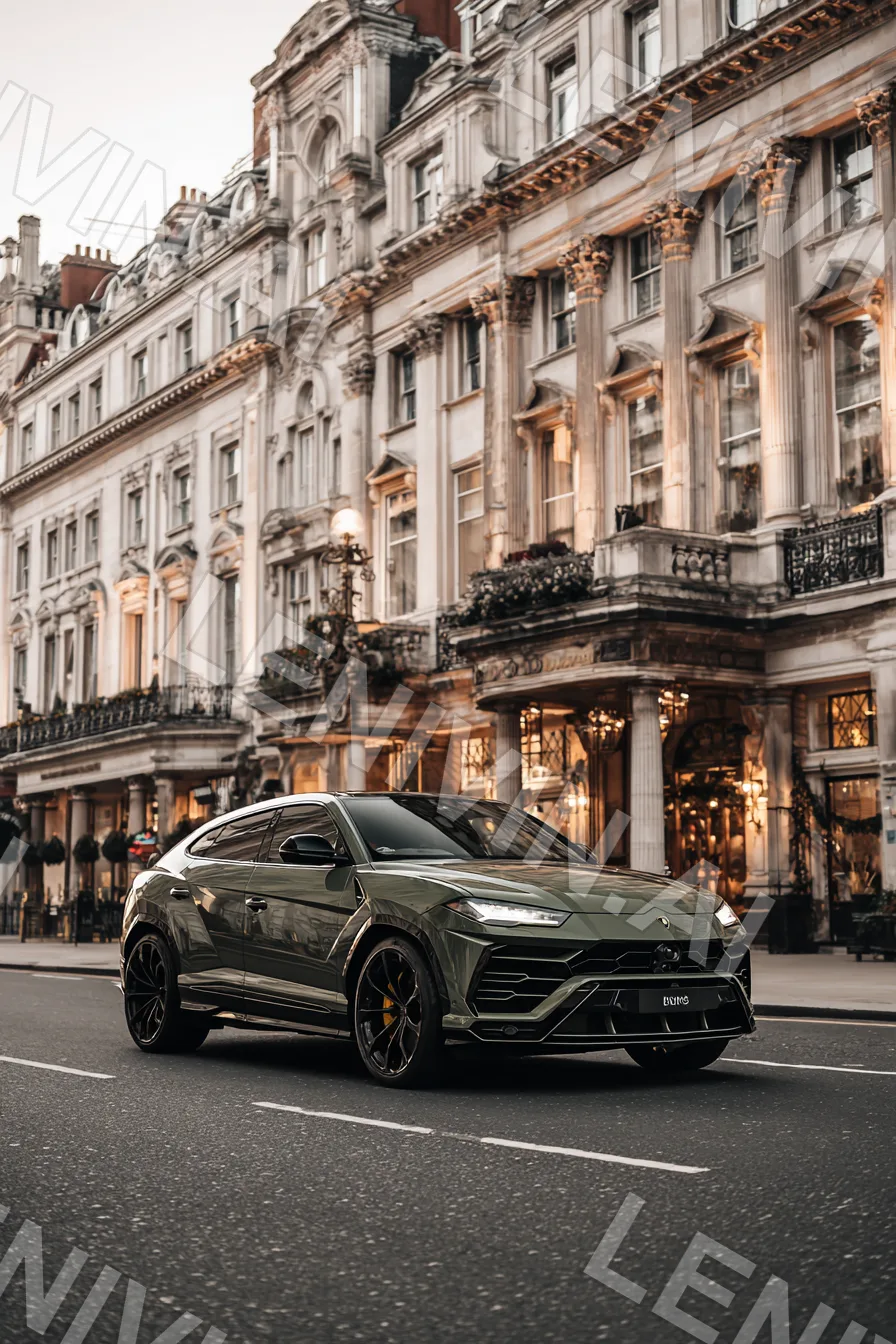 Оливково-серый Lamborghini Urus стоит у фасада классического здания, вид спереди сбоку