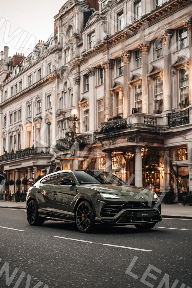 Оливково-серый Lamborghini Urus стоит у фасада классического здания, вид спереди сбоку
