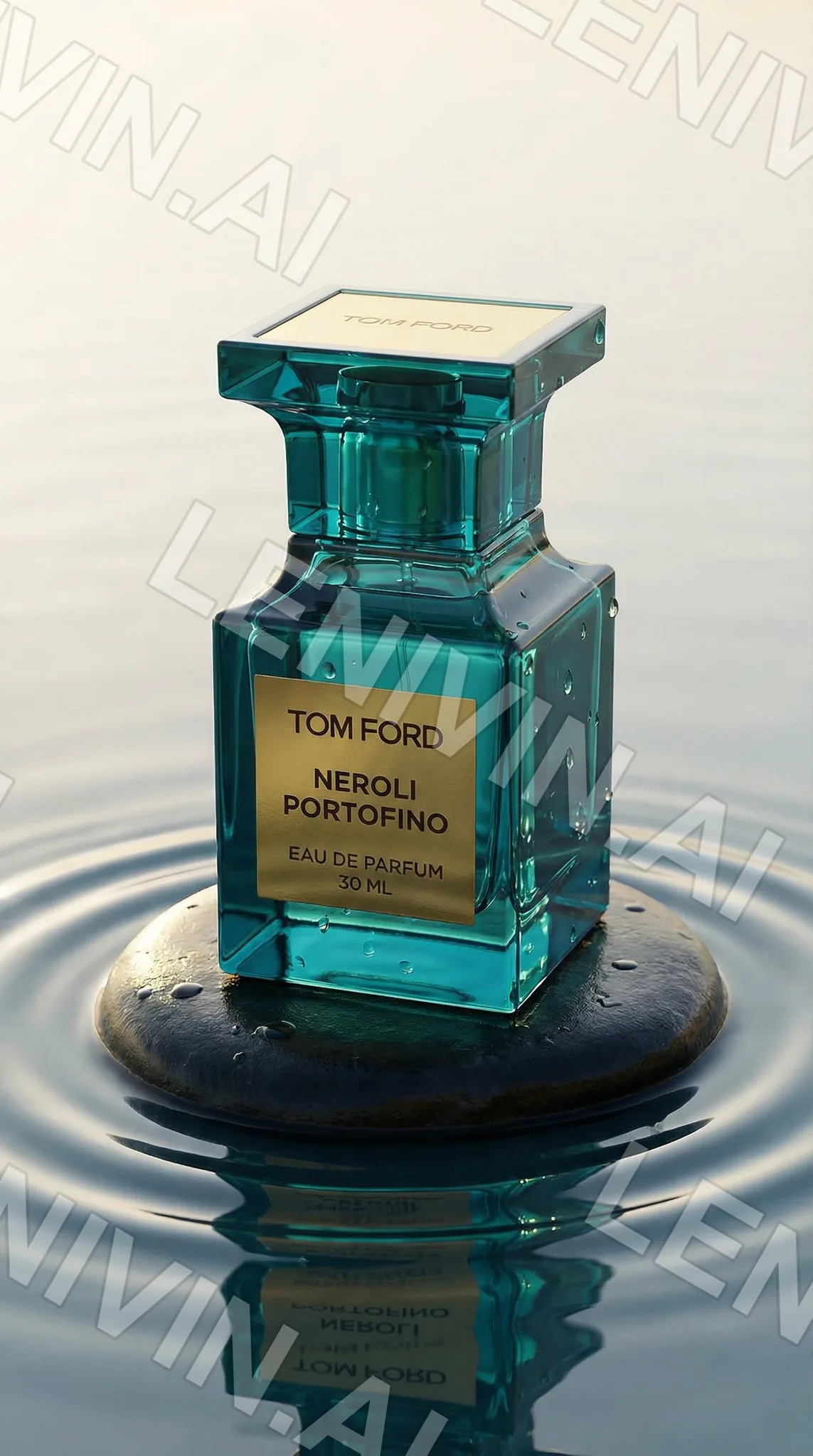 Стеклянный флакон бирюзового цвета с надписью Tom Ford Neroli Portofino стоит на камне в воде, круги по поверхности