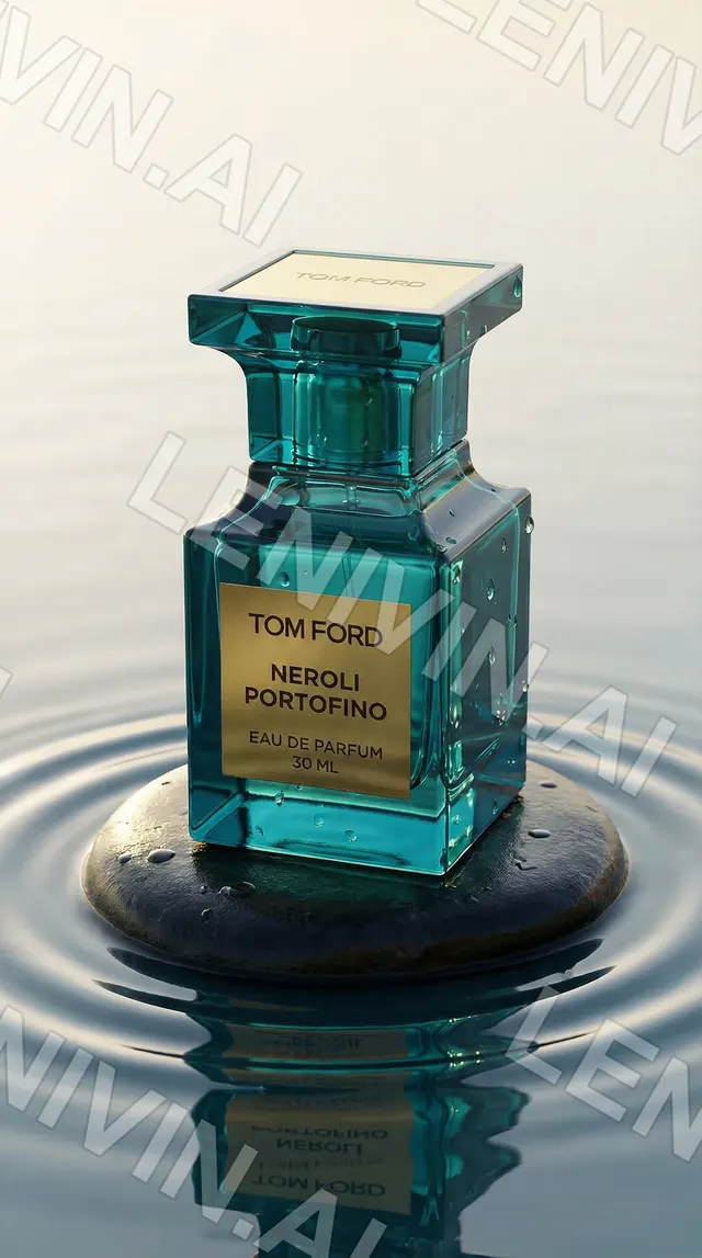 Стеклянный флакон бирюзового цвета с надписью Tom Ford Neroli Portofino стоит на камне в воде, круги по поверхности
