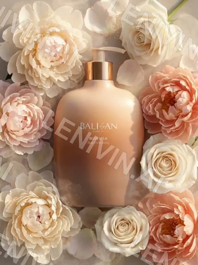 Ролик: бутылка Balisan Body Milk в окружении кремовых и розовых роз