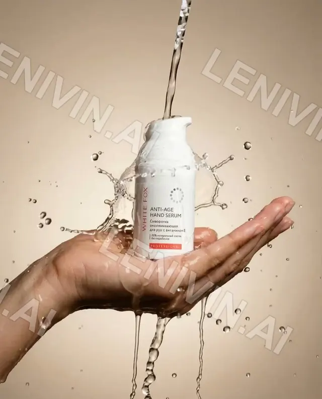 Ролик: ладонь с флаконом White Fox Anti-age Hand Serum в брызгах воды, бежевый фон