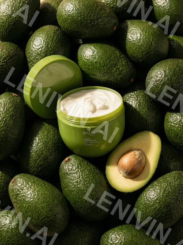Зелёная баночка крема среди авокадо, рядом половинка авокадо с косточкой, вид сверху
