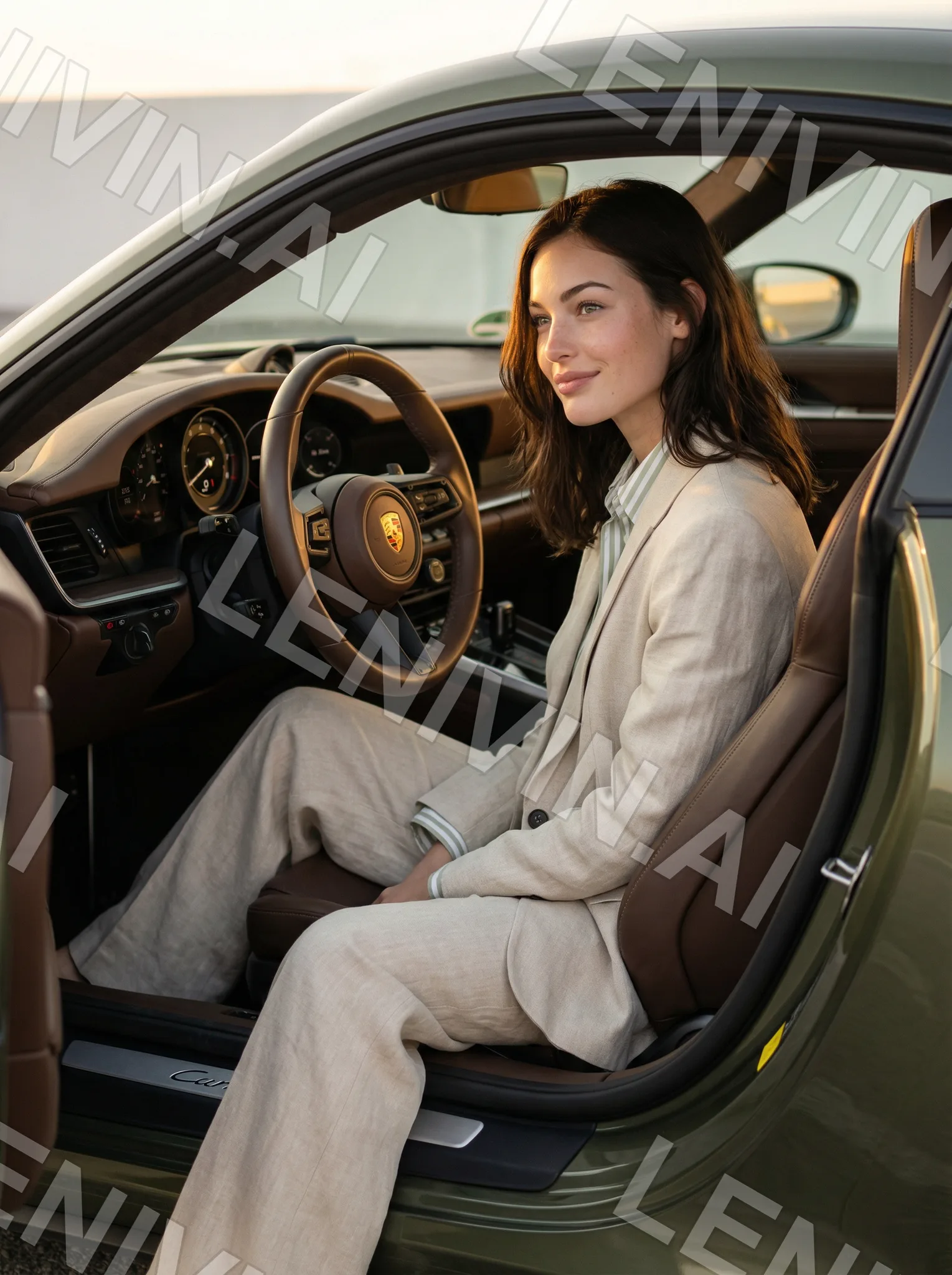 Брюнетка в светлом костюме сидит на водительском месте оливкового Porsche с открытой дверью, коричневый салон