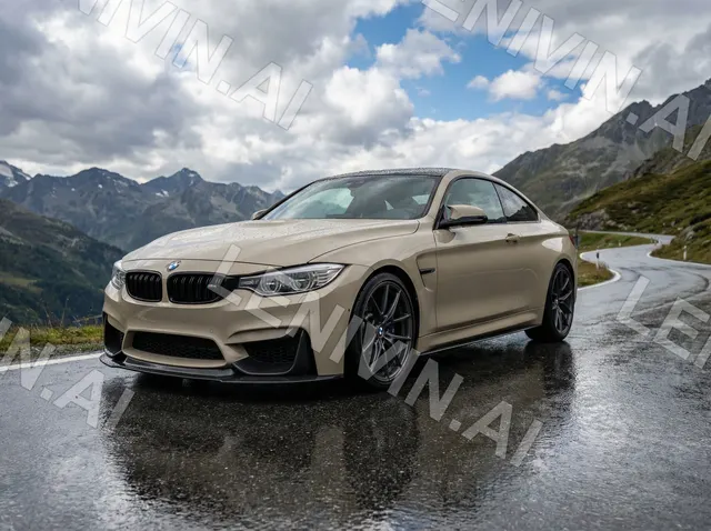 Бежевый BMW на мокрой горной дороге, облачное небо