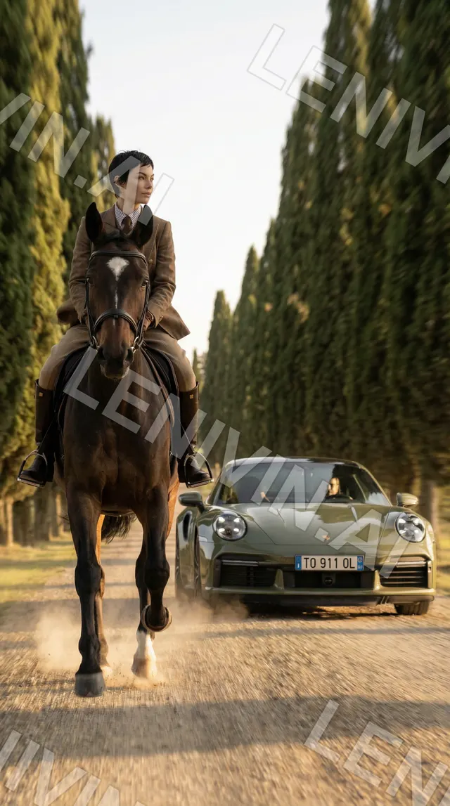 Всадница на тёмной лошади скачет по кипарисовой аллее, сзади зелёный Porsche