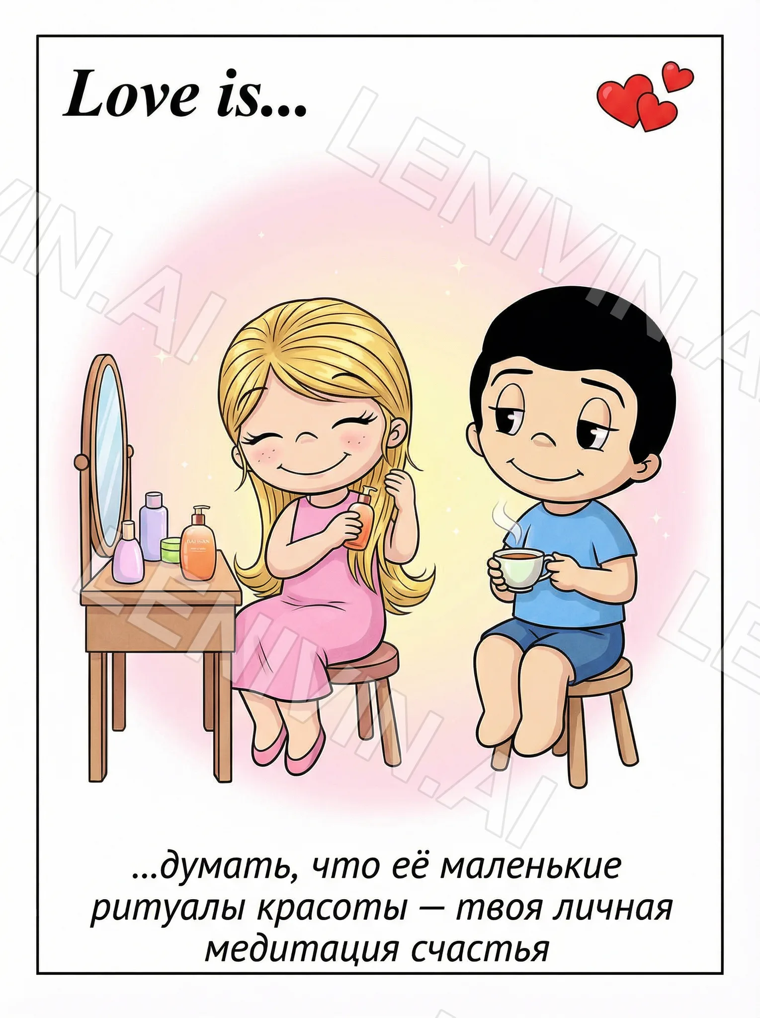 Открытка Love is: девочка у трюмо и мальчик с чашкой на табурете, подпись про ритуалы красоты
