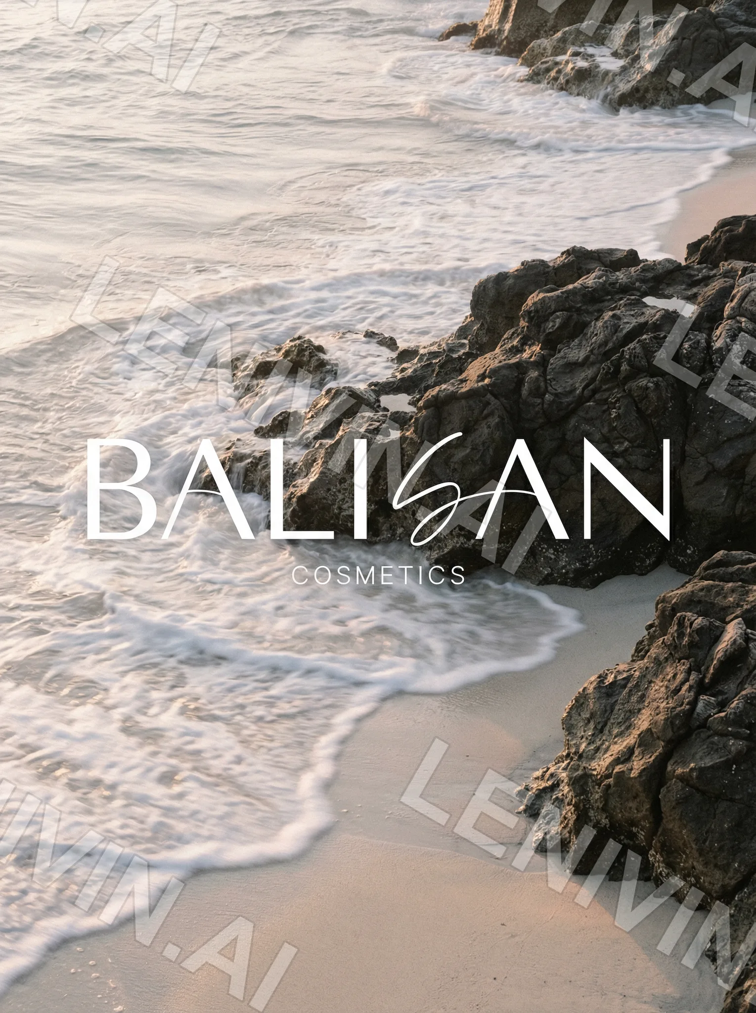 Белая надпись BALISAN Cosmetics на кадре с морской пеной и чёрными камнями