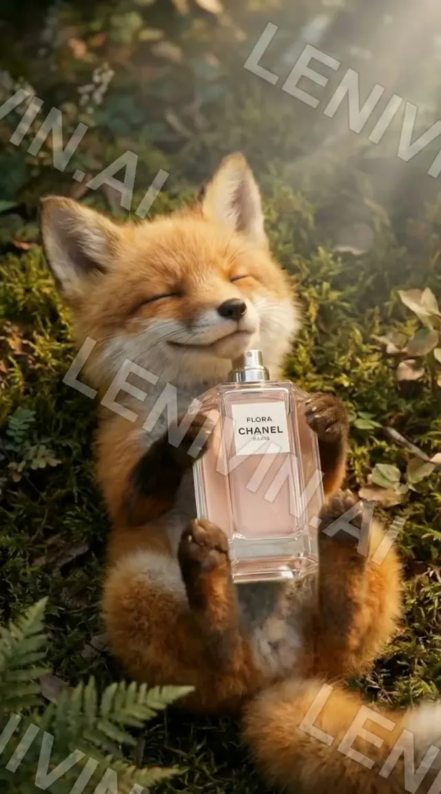 Ролик: лисица обнимает флакон Chanel Flora на мху среди папоротников