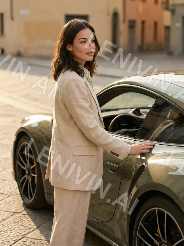 Девушка в бежевом костюме открывает дверь оливкового Porsche на старой итальянской улице