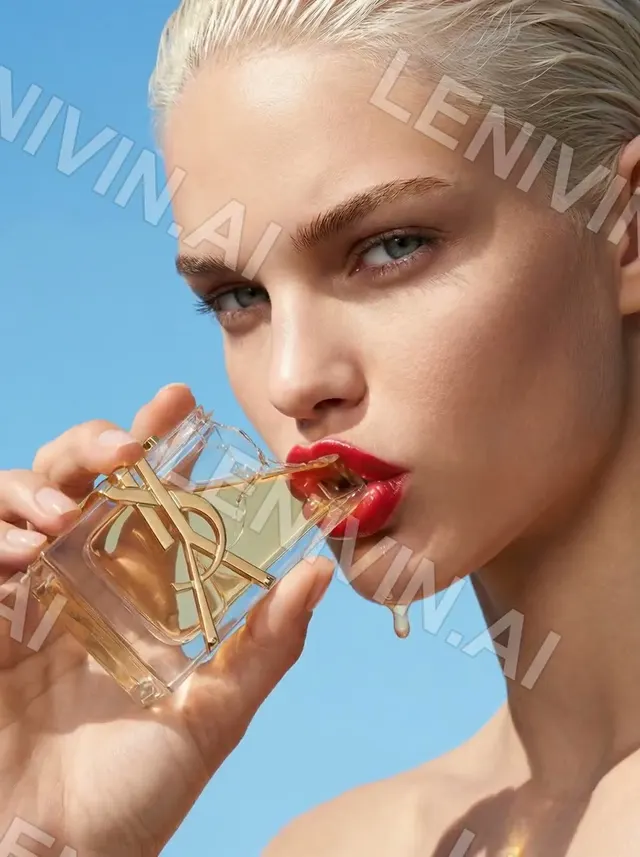 Ролик: блондинка с красной помадой пьёт из флакона духов YSL, голубое небо