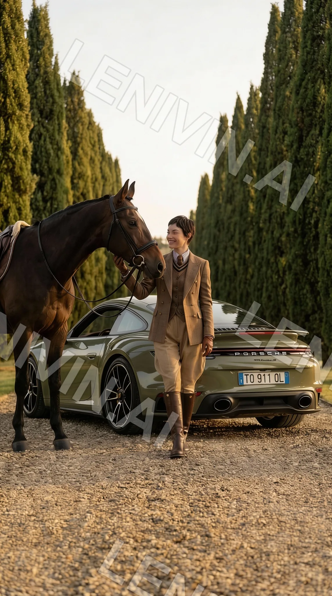 Женщина в твидовом костюме идёт с лошадью к зелёному Porsche среди кипарисов