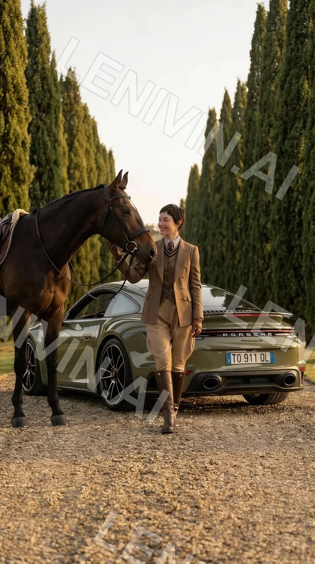 Женщина в твидовом костюме идёт с лошадью к зелёному Porsche среди кипарисов