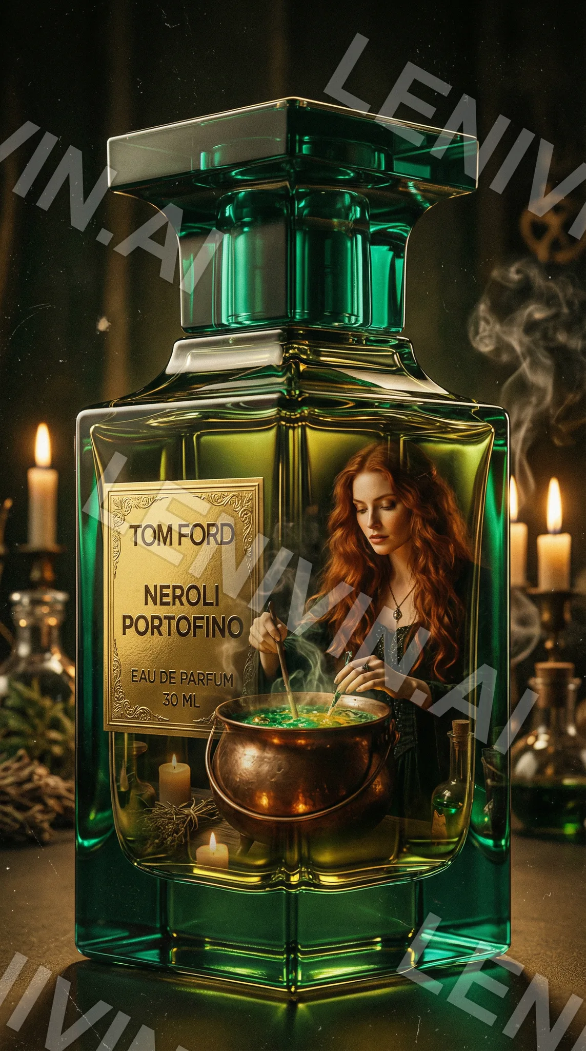 Флакон духов Tom Ford Neroli Portofino зелёного стекла, внутри этикетки рыжеволосая ведьма над котлом, свечи