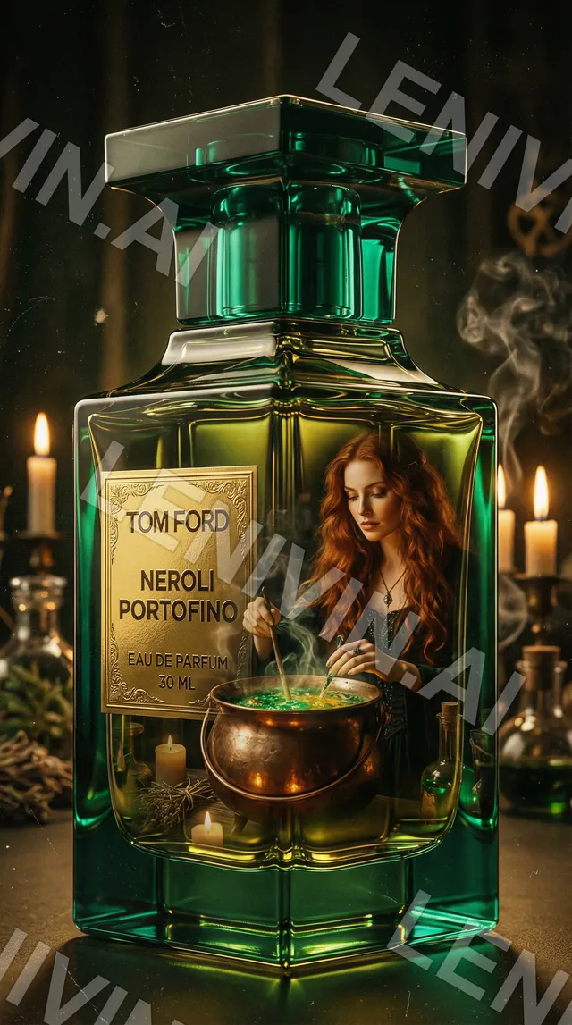 Флакон духов Tom Ford Neroli Portofino зелёного стекла, внутри этикетки рыжеволосая ведьма над котлом, свечи