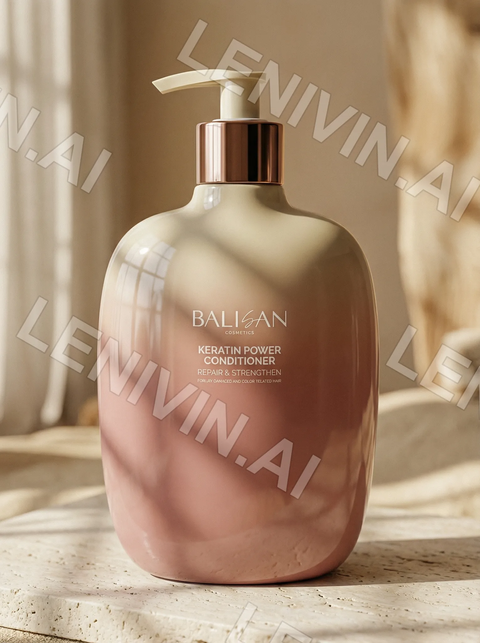 Розовый флакон BALISAN Keratin Power Conditioner на каменной плите, тёплый свет