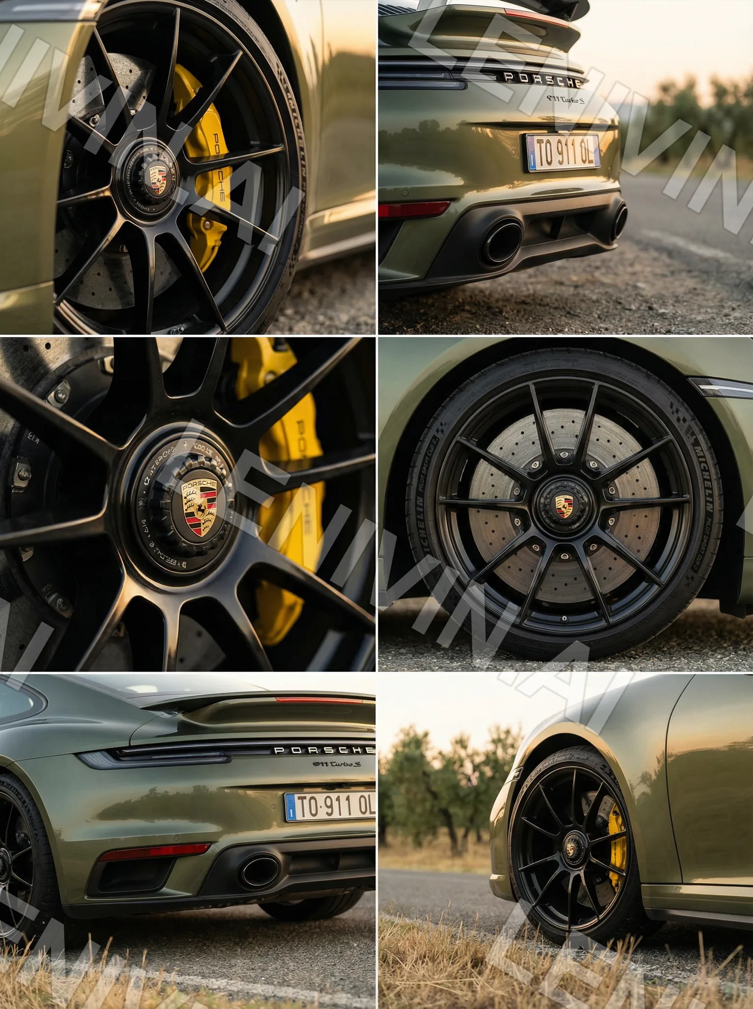 Коллаж из шести кадров оливкового Porsche 911: колёса с жёлтыми суппортами, задняя часть, номер TO 911 OL