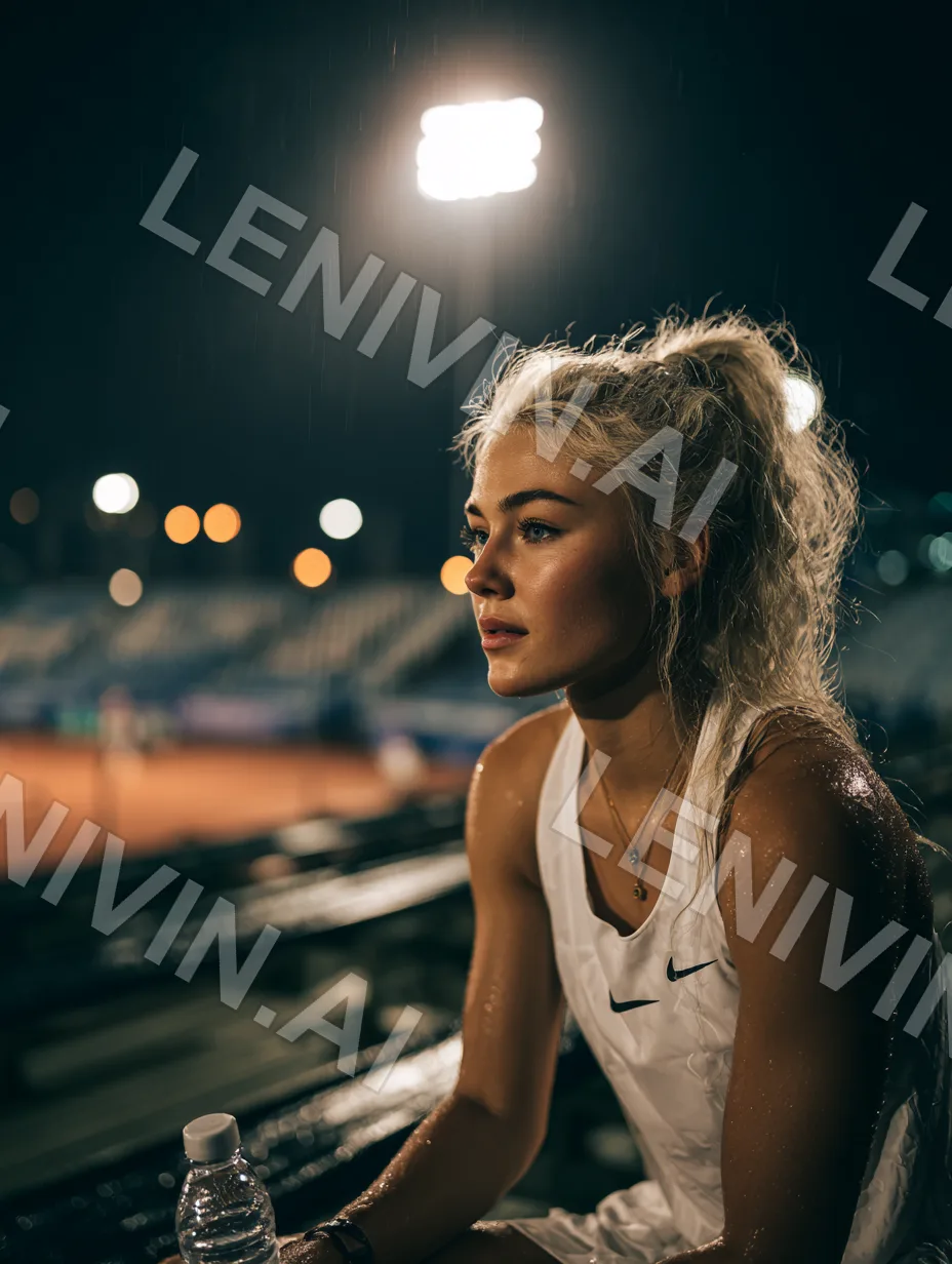 Блондинка с хвостом в белой майке Nike отдыхает на трибуне стадиона вечером, бутылка воды рядом