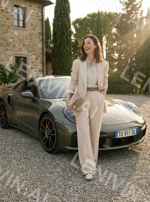 Смеющаяся женщина в светлом костюме у Porsche на гравии, за спиной каменный дом и кипарисы